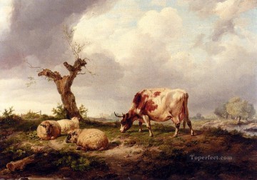 トーマス・シドニー・クーパー Painting - 風景の中の羊と牛 農場の動物 牛 トーマス・シドニー・クーパー